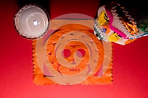 Sugar skull and candles - Calaverita - Ofrenda Dia de muertos photo