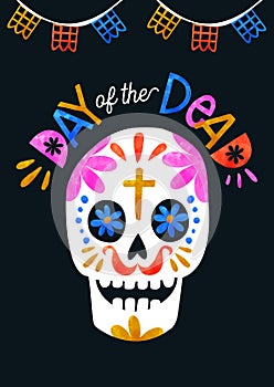 Day of the dead colorful sugar skull greeting card