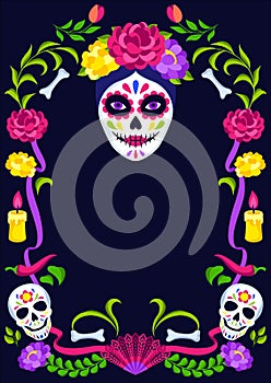 Day of the Dead decorative frame. Dia de los muertos. Mexican celebration.