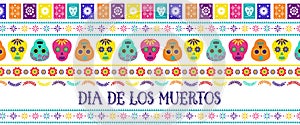 Day of the dead, Dia de los muertos, banner with traditional colorful Mexican icons. Fiesta, holiday poster, party flyer