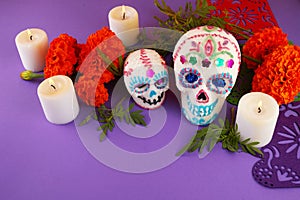 Day of the dead. Dia De Los Muertos celebration background. Sugar Skull, marigolds or cempasuchil flowers.