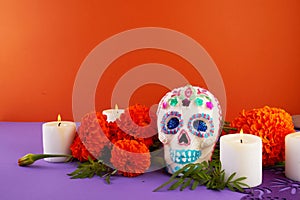 Day of the dead. Dia De Los Muertos celebration background. Sugar Skull, marigolds or cempasuchil flowers.