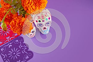 Day of the dead. Dia De Los Muertos celebration background. Sugar Skull, marigolds or cempasuchil flowers. photo
