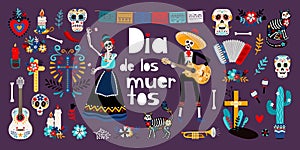 Day of Dead, Dia de los muertos, flat vector illustrations set