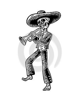 Day of the Dead, Dia de los Muertos. The skeleton in the Mexican national costumes dance and play the trumpet.