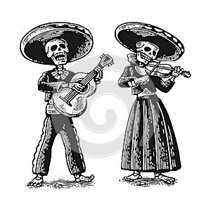 Day of the Dead, Dia de los Muertos . The skeleton in the Mexican national costumes dance, sing and play the guitar.