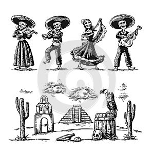 Day of the Dead, Dia de los Muertos. The skeleton in the Mexican national costumes dance, sing and play the guitar.