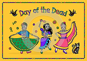 Day of the Dead Dia de los Muertos. The Skeleton Women Dancers. Vector Illustration.