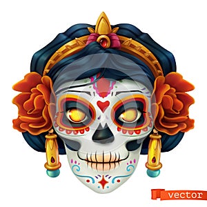 Day of the dead. Dia de los muertos. Skull, woman 3d vector icon