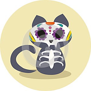 Day of the Dead, Dias de los Muertos, Halloween cute gray cat skeleton and flower skull vector illustration