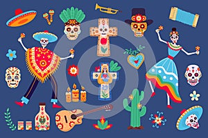 Day of dead elements. Skeleton characters in mexican clothes, sugar skull, sombrero, cactus and tequila. Dia de los Muertos party