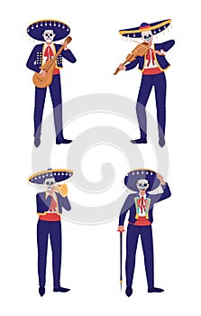 Day of dead fancy costume semi flat color vector character set
