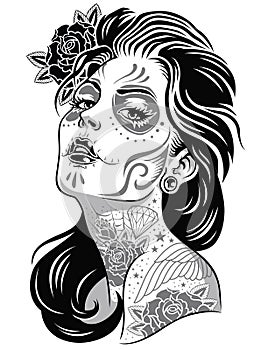 Day of dead girl black and white illustration