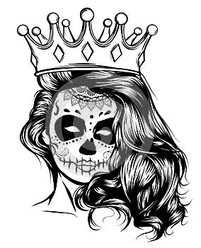 Day of dead girl black and white vector illustration