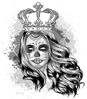 Day of dead girl black and white vector illustration