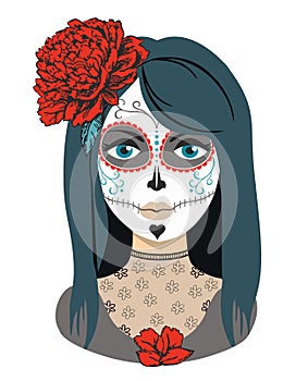 Day of the dead girl. Young woman sugar head makeup for mexican party on dia de los muertos.