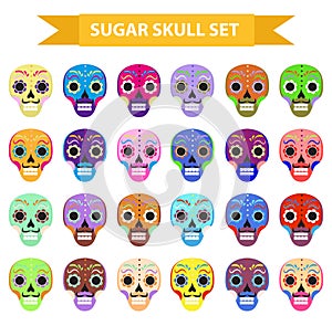 Day of the dead holiday in mexico icons set with sugar skulls. Flat style. Skeleton collection. Dia de Muertos concept