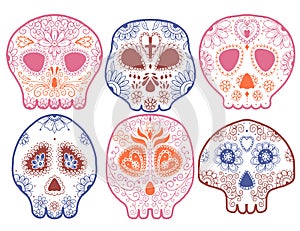 Day of the dead illustration skull. Vector illustration set. Tattoo skeleton.