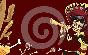 Day of the Dead man skeleton playing on trumpet poster