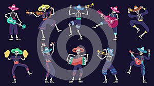 Day of the dead mariachi band. Musical mexican festival skeletons characters vector illustration set. Dia de los muertos