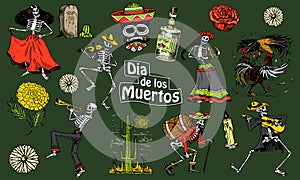 Day of the dead. Mexican national holiday. Original inscription in Spanish Dia de los Muertos. Skeletons in costumes