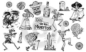 Day of the dead. Mexican national holiday. Original inscription in Spanish Dia de los Muertos. Skeletons in costumes