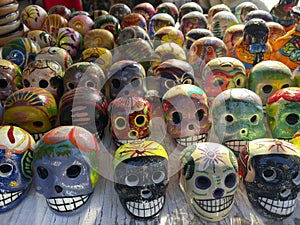 Day of the Dead in Mexico. Beautiful bright masks in the handmade market.