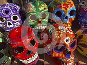 Day of the Dead in Mexico. Beautiful bright masks in the handmade market.