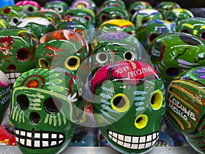 Day of the Dead in Mexico. Beautiful bright masks in the handmade market.