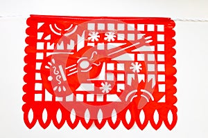 Day of the Dead, Papel Picado with a guitar red traditional Mexican paper cutting flag.