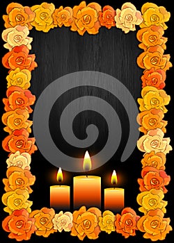 Day of the dead poster with traditional cempasuchil flowers used for altars and candles photo
