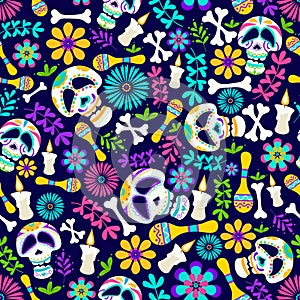 Day of the dead seamless pattern with candles, flowers, skeleton etc. Cheerful dia de los muertos card in cartoon style. Mexican