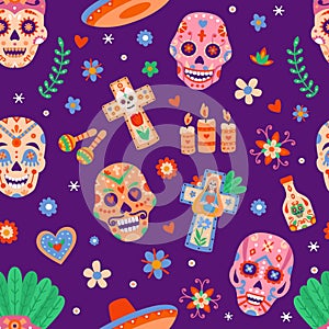 Day of dead seamless pattern. Dia de los muertos sugar skulls and flowers. Mexican halloween festival with skeletons heads flat