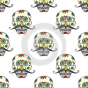 Day of the Dead seamless pattern, handdrawn sugar skulls with moustache background, vector illustration