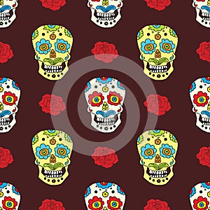 Day of the Dead seamless pattern, handdrawn sugar skulls and roses background, vector illustration