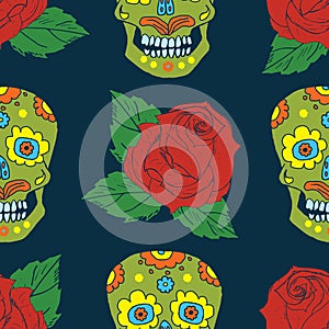 Day of the Dead seamless pattern, handdrawn sugar skulls and roses background, vector illustration