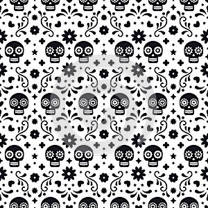 Day of the dead seamless pattern with skulls and flowers on white background. Traditional mexican Halloween design for