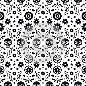 Day of the dead seamless pattern with skulls and flowers on white background. Traditional mexican Halloween design for