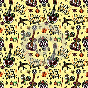 Day of the Dead. Seamless pattern with sugar skulls, maracas, swallow, guitar, flowers and candles for mexican holiday