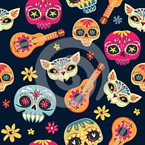 Day of the Dead seamless vector pattern with sugar skulls and flowers. Dia de los Muertos tramslate - Day of the Dead