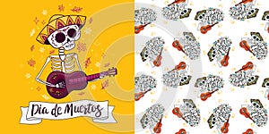 Day of the dead set for the day of the dead illustration and seamless patterns with skulls, tombstones, tequila, flowers