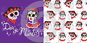 Day of the dead set for the day of the dead illustration and seamless patterns with skulls, tombstones, tequila, flowers