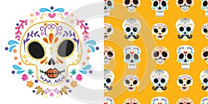 Day of the dead set for the day of the dead illustration and seamless patterns with skulls, tombstones, tequila, flowers