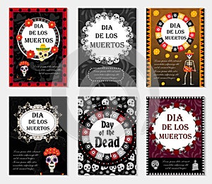 Day of the dead set flyer, poster, invitation with roses, skeleton, and sugar skulls. Dia de Muertos cards templates