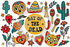 Day of the dead set. Groovy Dia de los Muertos collection clip art hand drawing style. Mexican holiday Halloween with