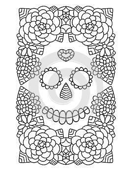 Day of the Dead skull in flower frame coloring page for adults and children stock vector illustration