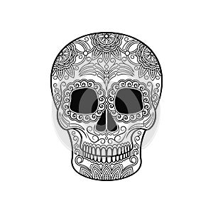 Day of The Dead Skull, sugar skull with floral ornament black and white vector Illustration