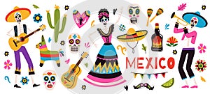 Day of the dead. Traditional mexican holiday symbols, sugar skulls and dancing skeletons, bright flowers and festive
