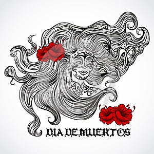 Day of The Dead. Woman with beautiful hair and red flowers. Vintage hand drawn vector illustration.