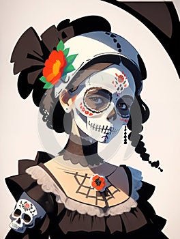 Day of the Dead, a woman with flowers in her hair wearing a hat